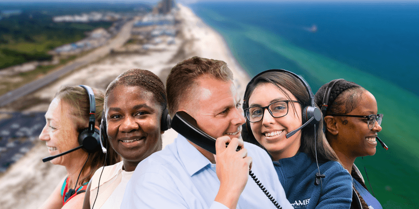 Alabama gulf shore with ambs call center agents in front