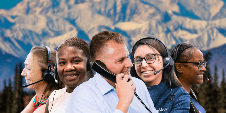 alaska mountains with ambs call center agents in front