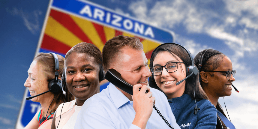 arizona welcome sign with ambs call center agents in front