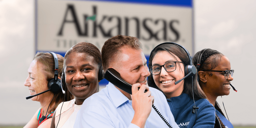 arkansas welcome sign with ambs call center agents in front