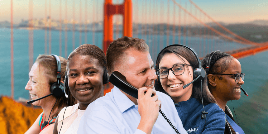 golden gate bridge with ambs call center agents in front