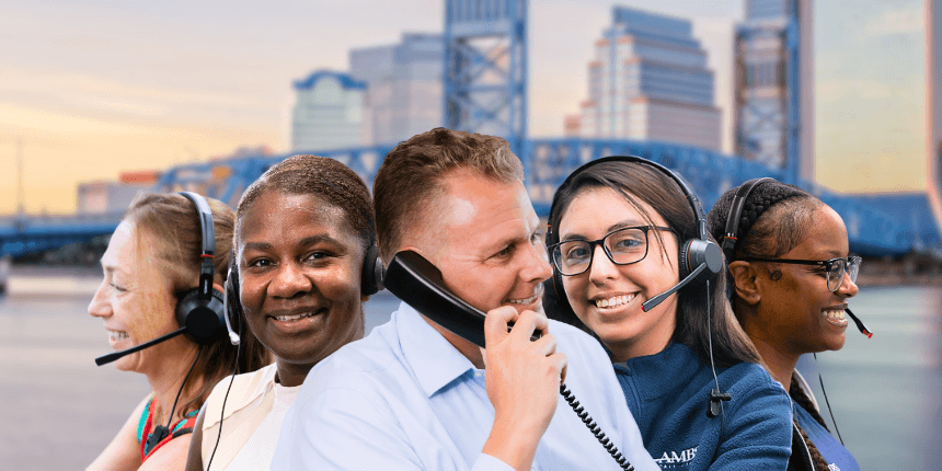 jacksonville skyline and main street bridge with ambs call center agents in front