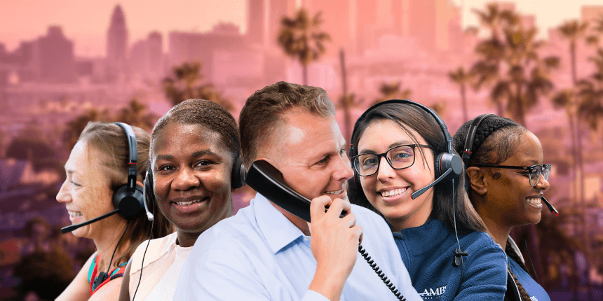 los angeles skyline downtown with ambs call center agents in front