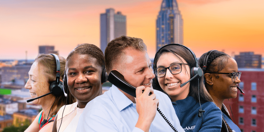 mobile alabama skyline with ambs call center agents in front