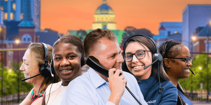 montgomery alabama state capitol with ambs call center agents in front