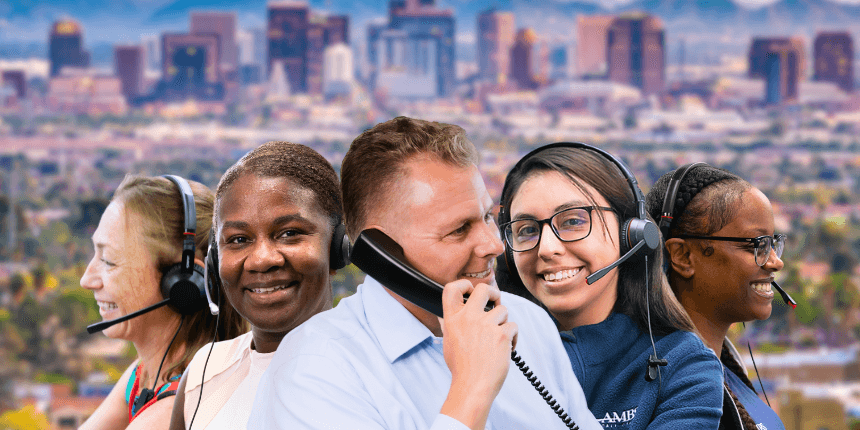 phoenix arizona cityscape with ambs call center agents in front