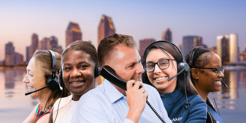 san diego skyline downtown with ambs call center agents in front