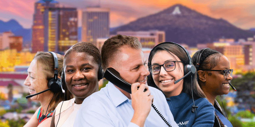 tucson arizona skyline with ambs call center agents in front