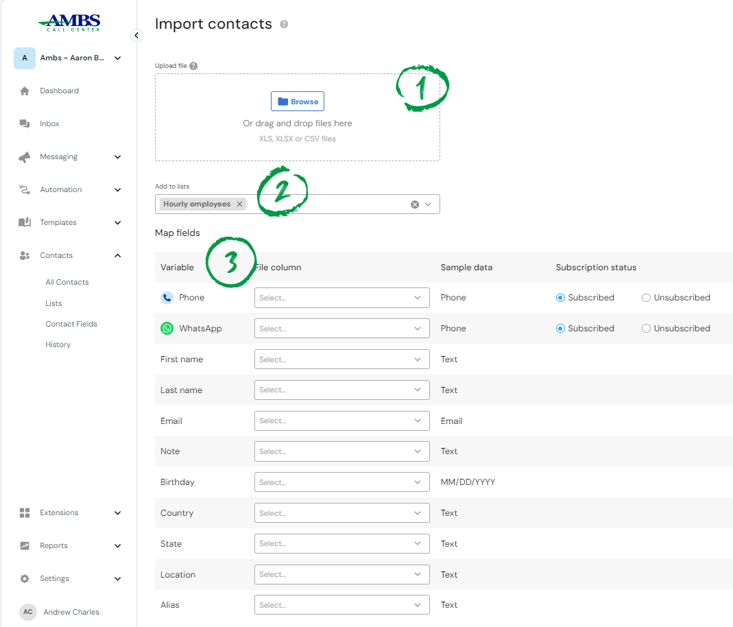 Import Contacts Detailed Dropdown in myAmbs Mass Texting