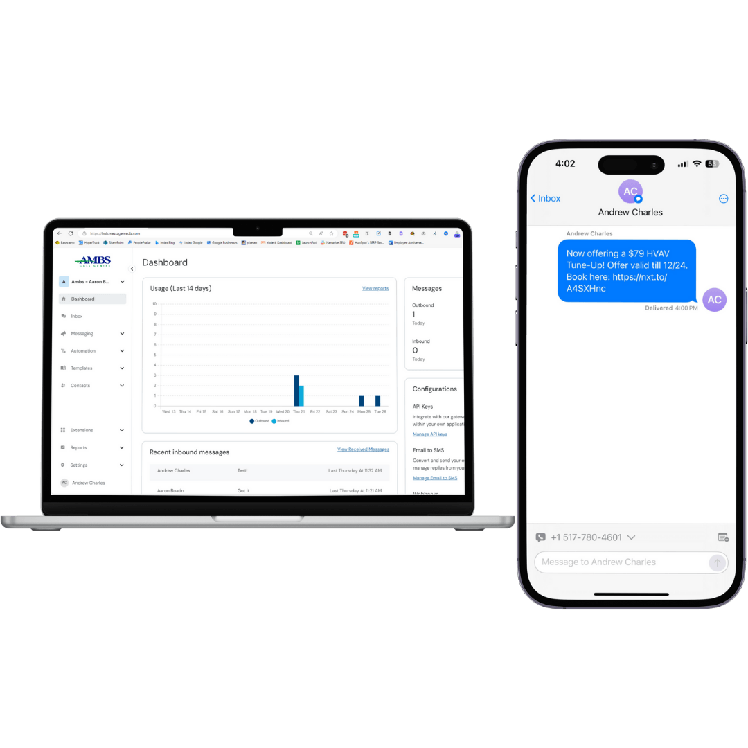 myAmbs Mass Texting Service Mockup on iPhone and Macbook (no dark mode) for HVAC companies